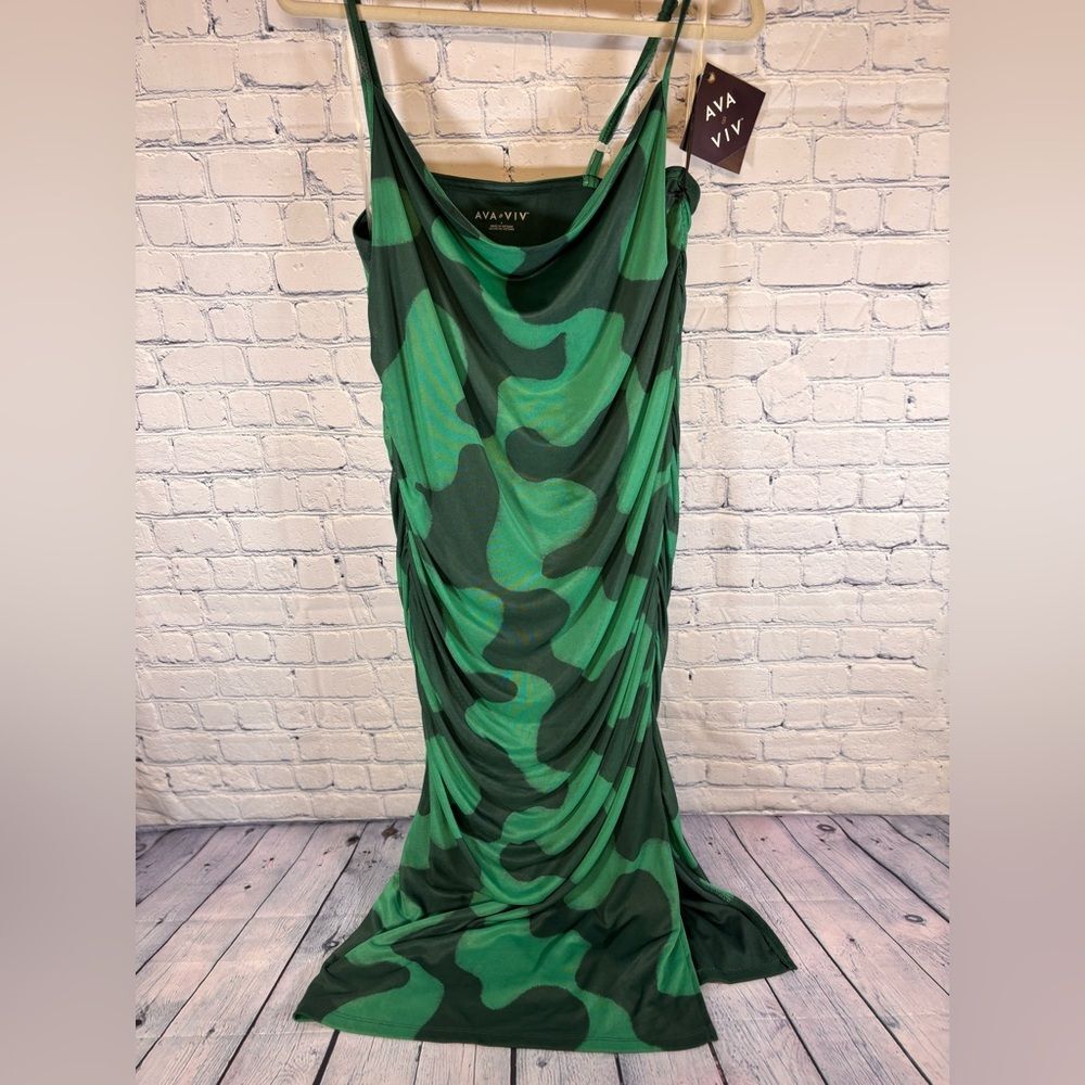 NWT Ava & Viv Green Geo Ruched Mesh Bodycon Vacation Casual Party Midi Dress 14W